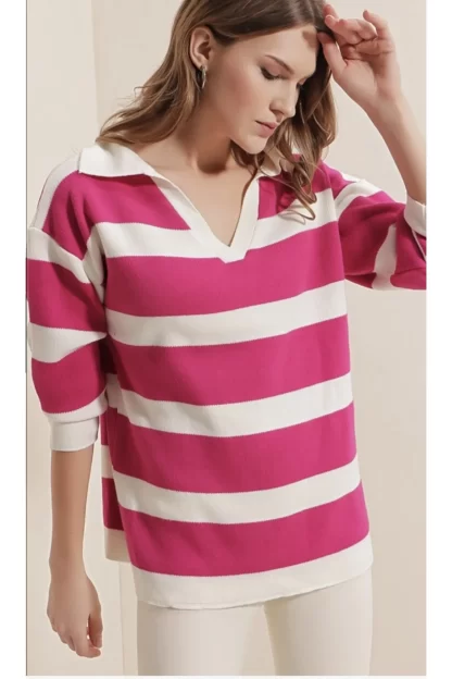 Полосатый свитер цвета фуксии женский 3