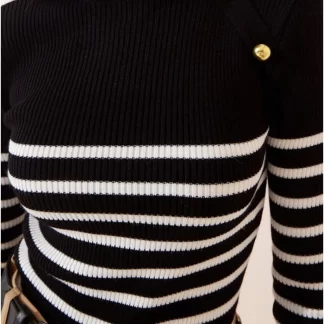 Button Detailed Striped Black Sweater