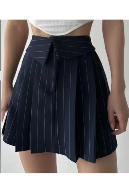 Полосатая плиссированная мини-юбка темно-синего цвета 2