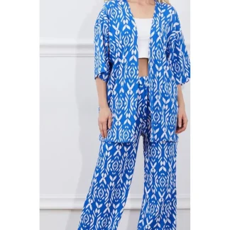 Mavi Desenli Kimono Takım Elbise